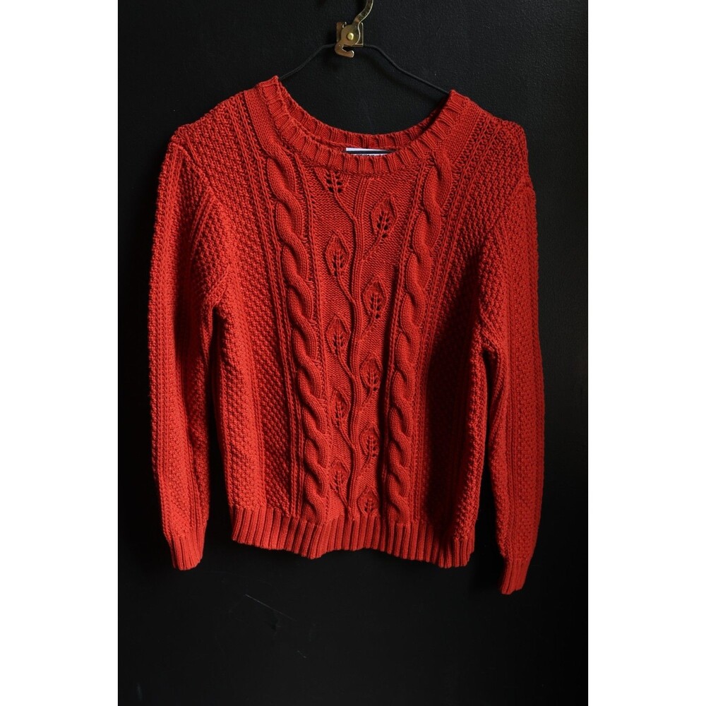 Serengeti Orange Long Sleeve Pullover Cable Knit Sweater Leaf Cottagecore Large